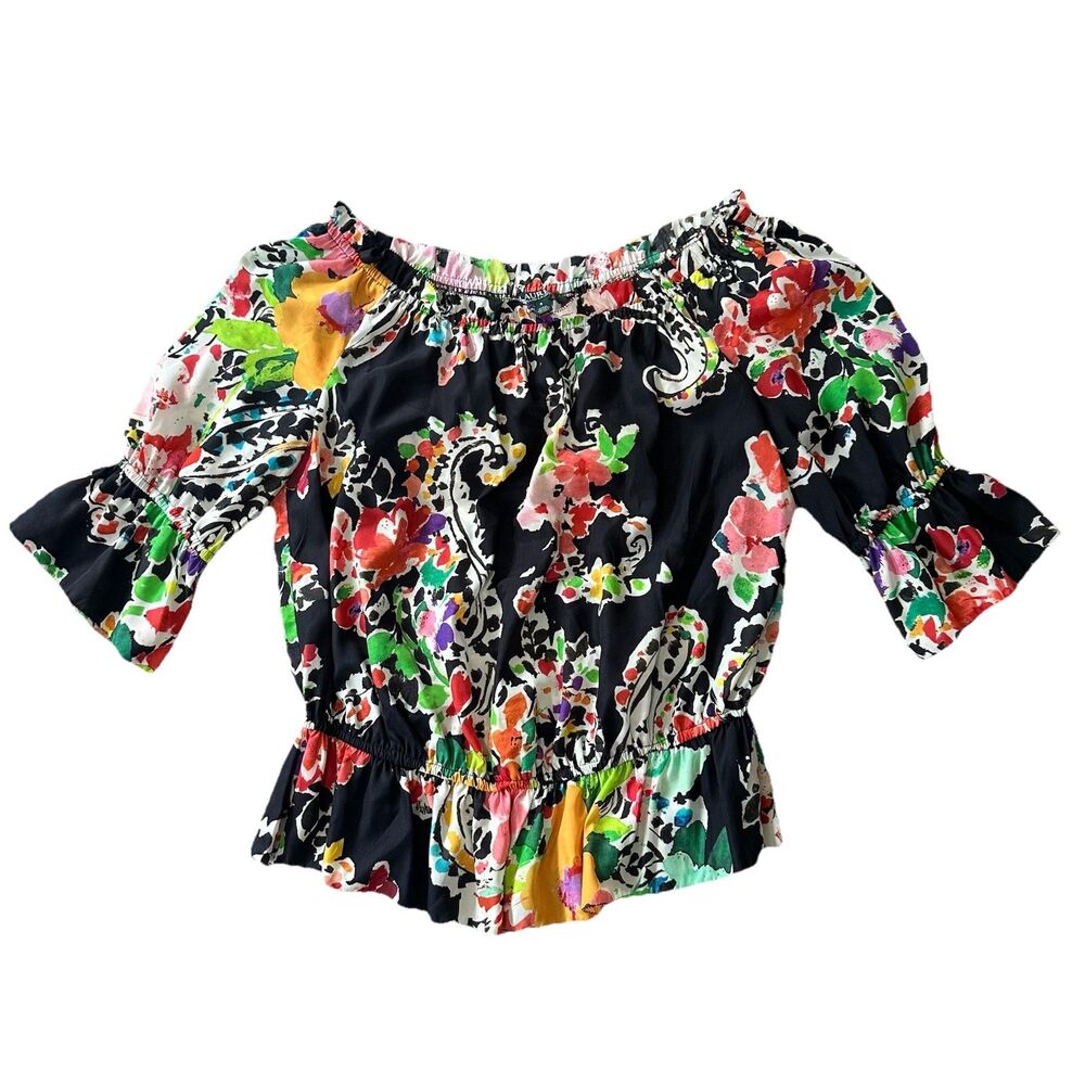 Ralph Lauren Boho On Off Shoulder Top Peplum Black Floral Vibrant Preppy Small‎